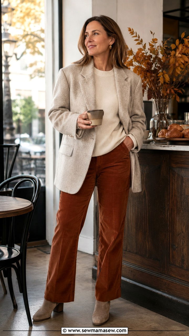 Oversized blazer with cashmere sweater and corduroy pants outfit - 30 oversized blazer outfits for women over 40