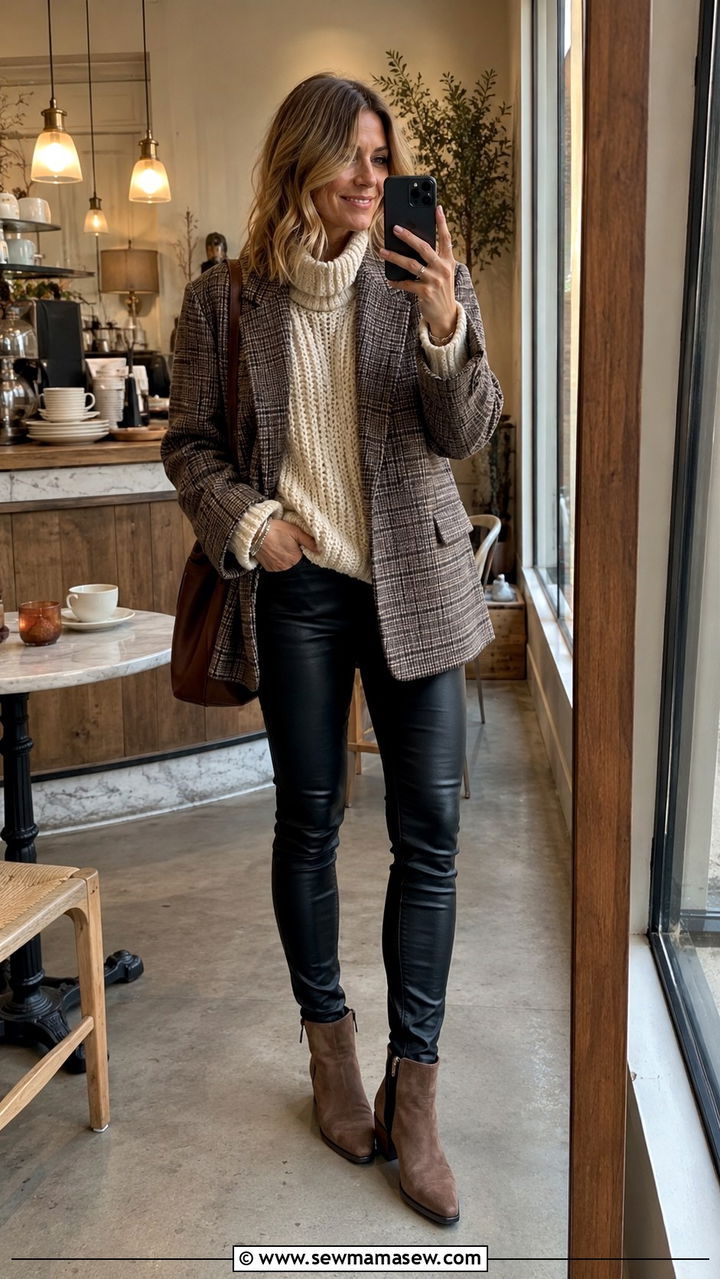 Oversized blazer with chunky knit and coated jeans outfit - 30 oversized blazer outfits for women over 40
