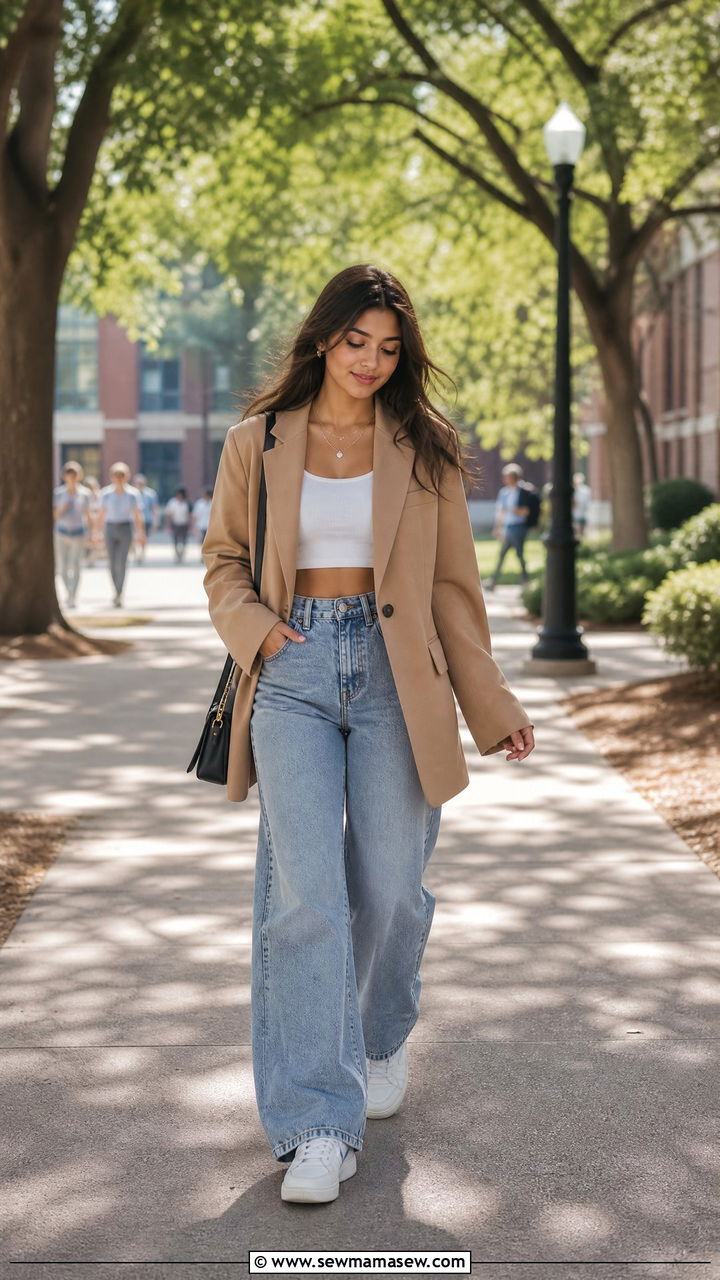 Oversized blazer with crop top and jeans outfit - 30 Cute outfits for college girls