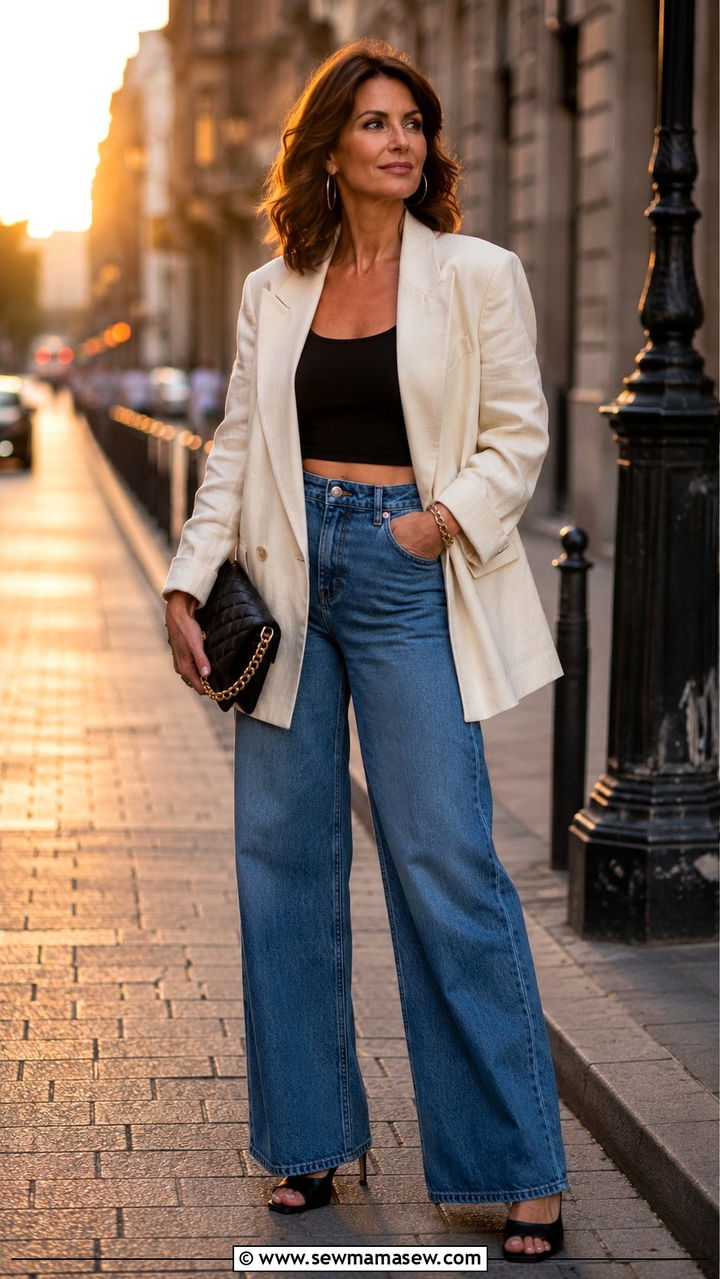 Oversized blazer with crop top and wide leg jeans outfit - 30 oversized blazer outfits for women over 40