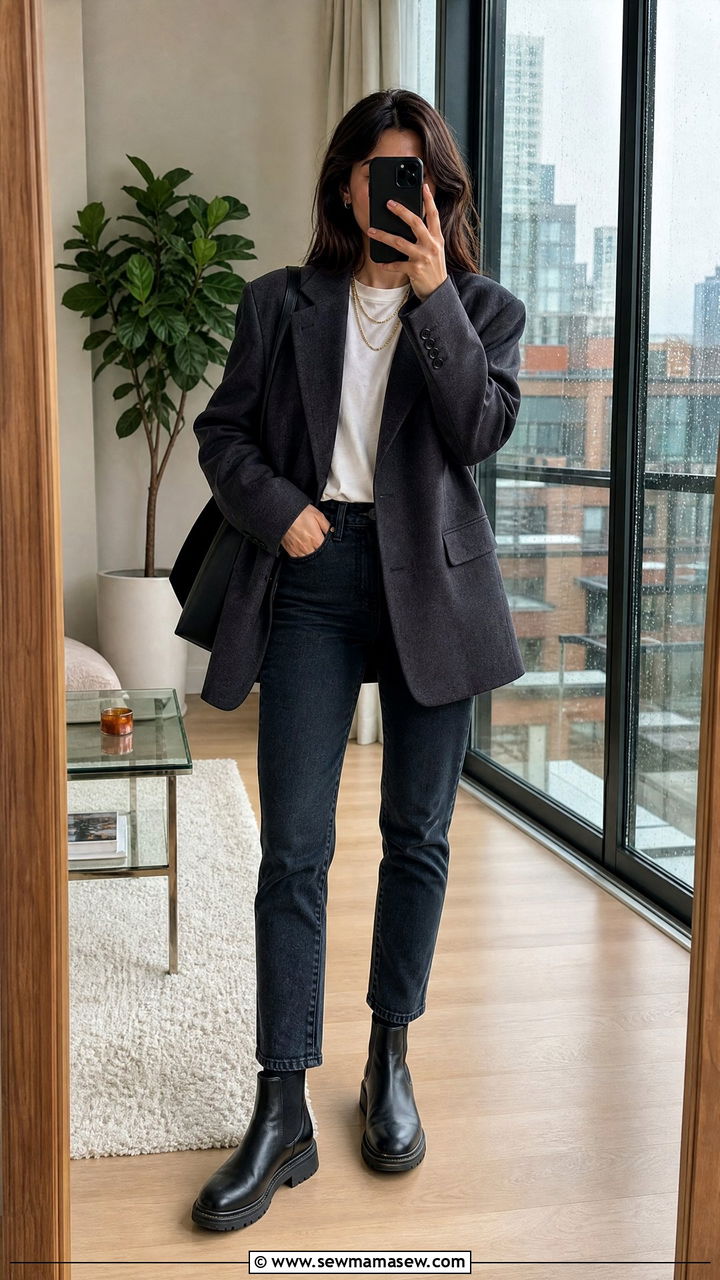 Oversized blazer with dark denim and Chelsea boots - 30 Cozy rainy day outfit ideas