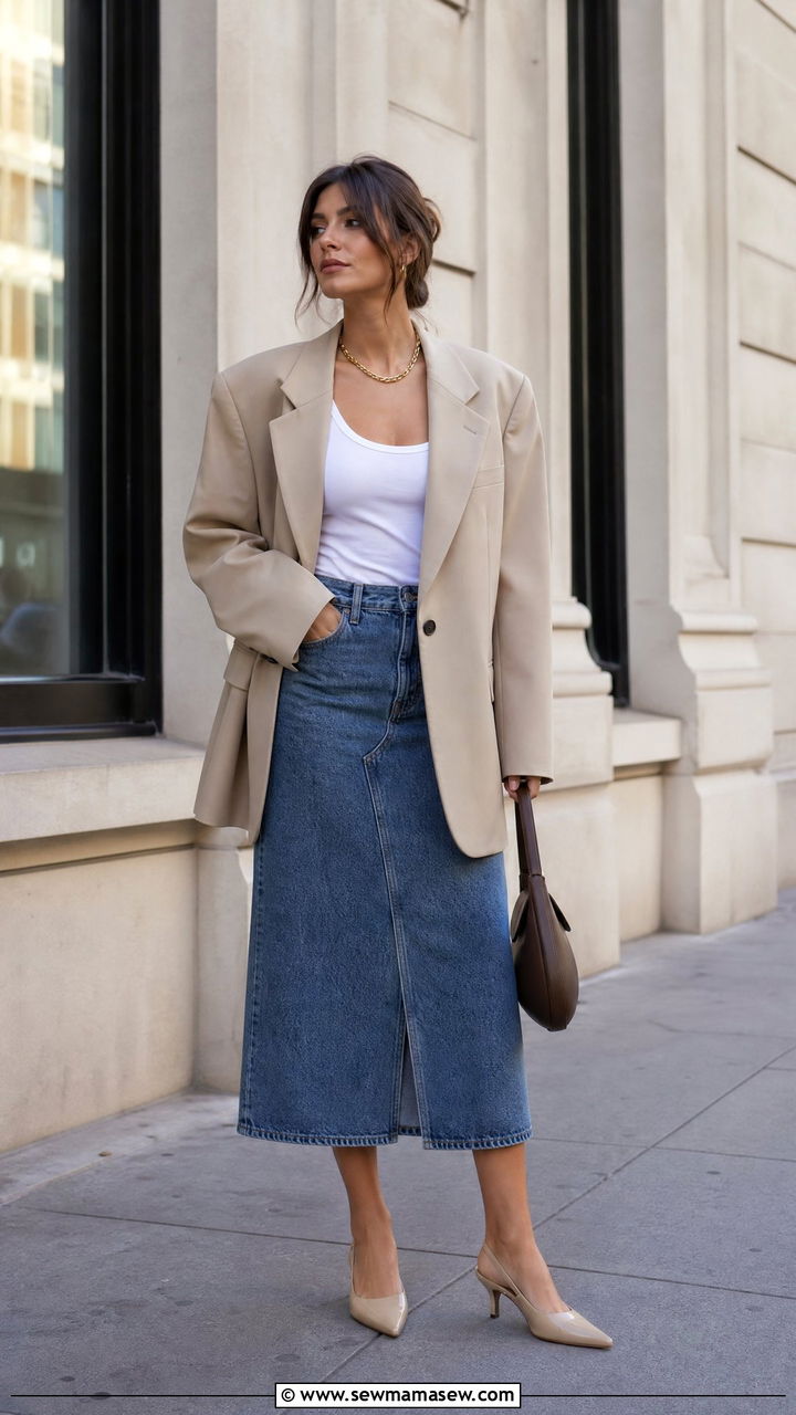 Oversized blazer with denim midi skirt outfit - 25 classy denim skirt outfits