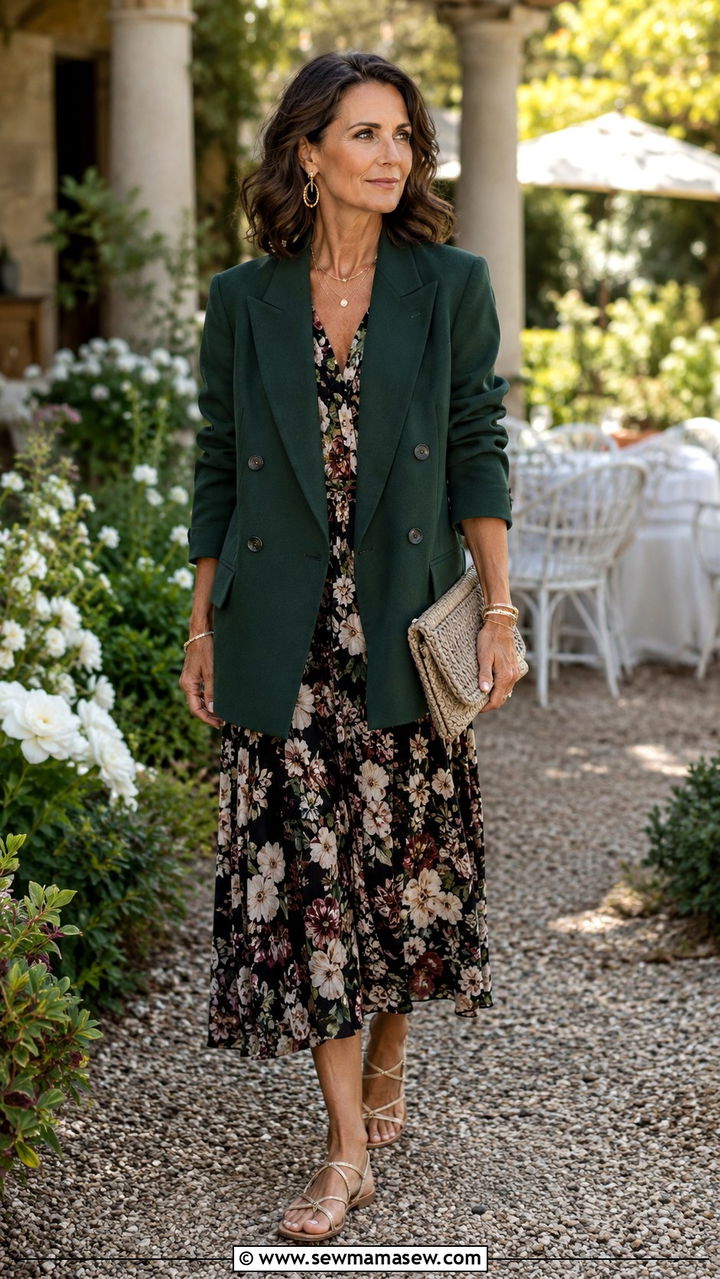 Oversized blazer with floral midi dress and sandals outfit - 30 oversized blazer outfits for women over 40