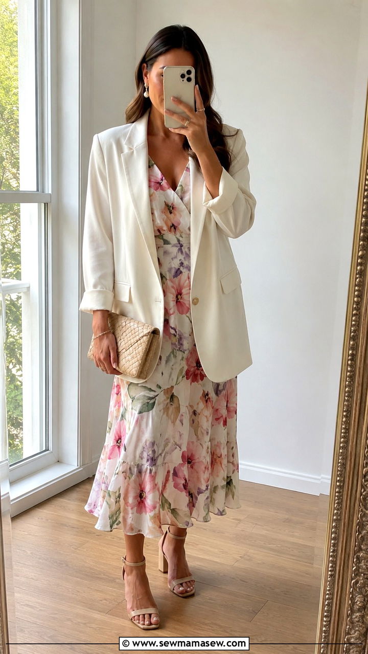 Oversized blazer with floral midi dress wedding - 30 Oversized blazer outfit ideas for a wedding