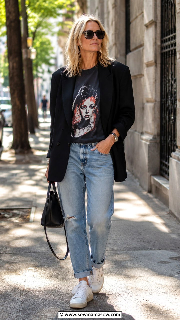 Oversized blazer with graphic tee and boyfriend jeans outfit - 30 oversized blazer outfits for women over 40