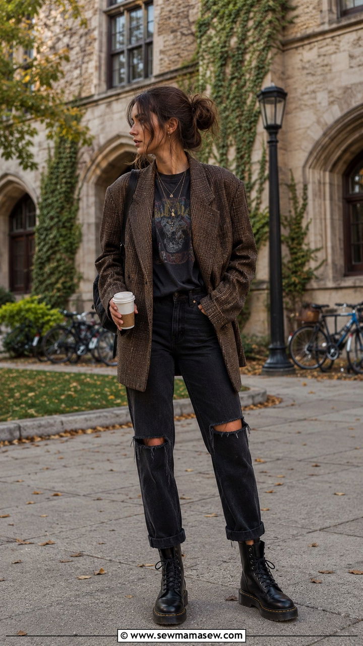 Oversized blazer with graphic tee and ripped jeans - 30 Chaotic academia outfit ideas