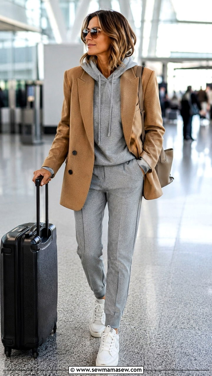 Oversized blazer with hoodie and tailored joggers outfit - 30 oversized blazer outfits for women over 40