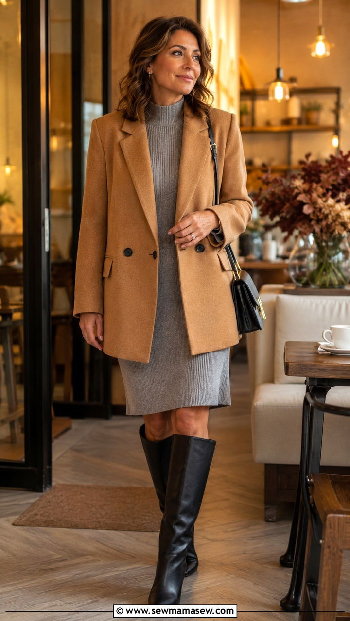 Oversized blazer with knit dress and knee high boots outfit - 30 oversized blazer outfits for women over 40