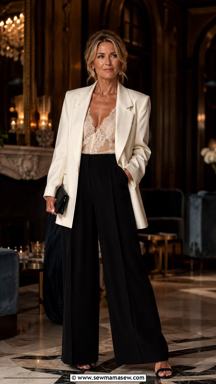 Oversized blazer with lace camisole and palazzo pants outfit - 30 oversized blazer outfits for women over 40