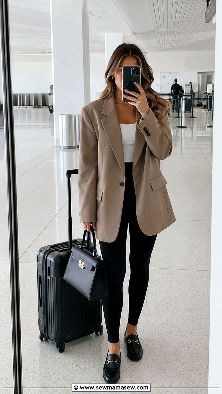 Oversized blazer with leggings - 25 Airport outfit ideas for international travel