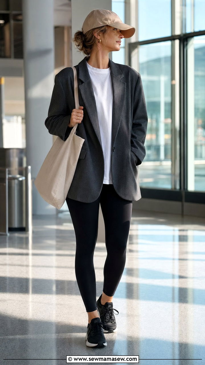 Oversized blazer with leggings and baseball cap - 35 Airport outfit ideas quiet luxury