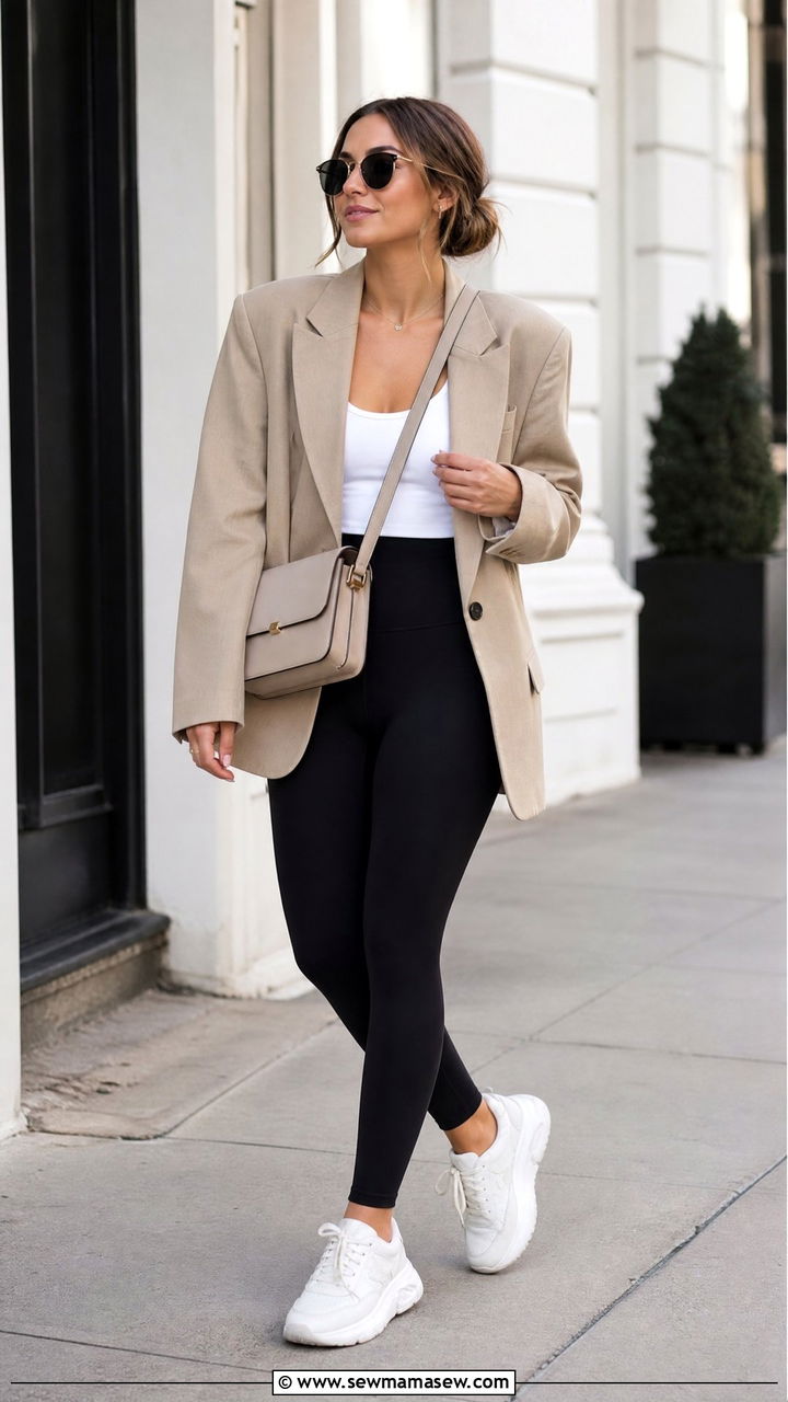 Oversized blazer with leggings and chunky sneakers - 30 classy sporty chic outfits