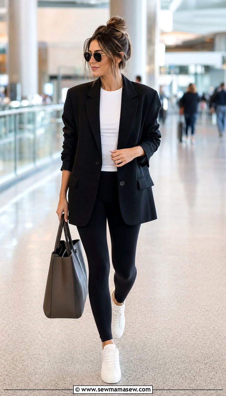 Oversized blazer with leggings and sneakers - 35 Airport outfits for long flights