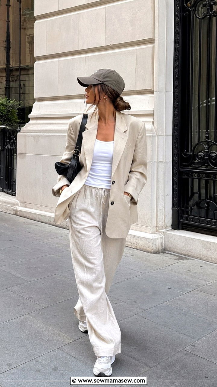 Oversized blazer with linen pants and sneakers - 25 Wide leg linen pants outfit ideas with a blazer