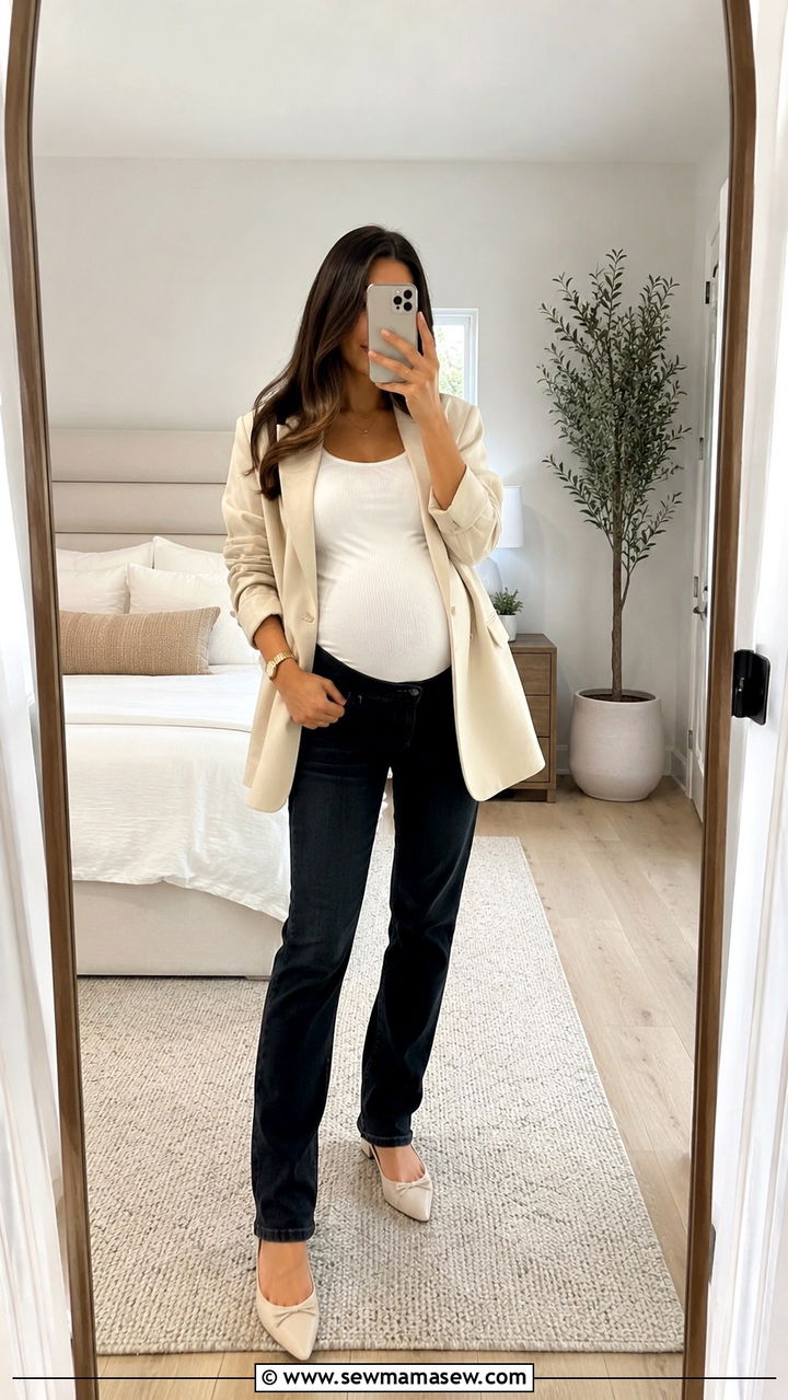 Oversized blazer with maternity jeans and tank - 20 Maternity outfit ideas 2026
