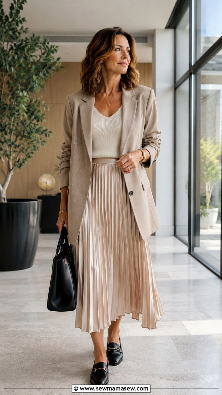 Oversized blazer with pleated midi skirt and loafers outfit - 30 oversized blazer outfits for women over 40