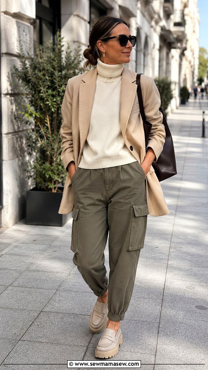 Oversized blazer with polo neck and cargo pants outfit - 30 oversized blazer outfits for women over 40