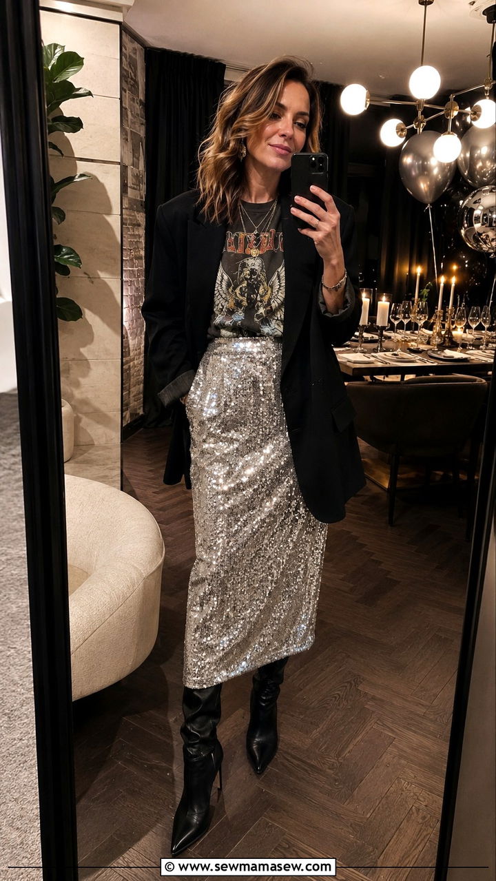 Oversized blazer with sequin skirt and band tee outfit - 30 oversized blazer outfits for women over 40