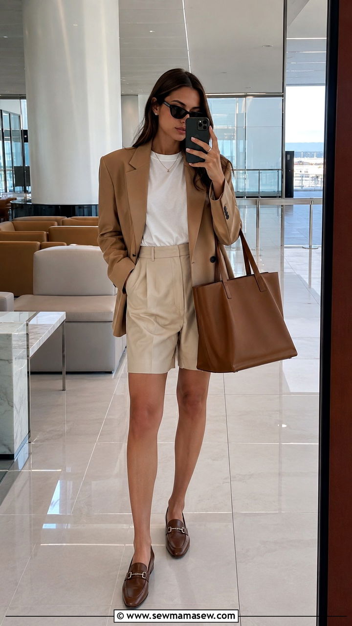 Oversized blazer with shorts airport outfit summer Europe - 25 Airport outfit ideas summer Europe