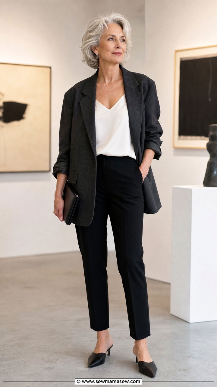 Oversized blazer with slim black pants - 30 French girl outfit ideas for women over 60