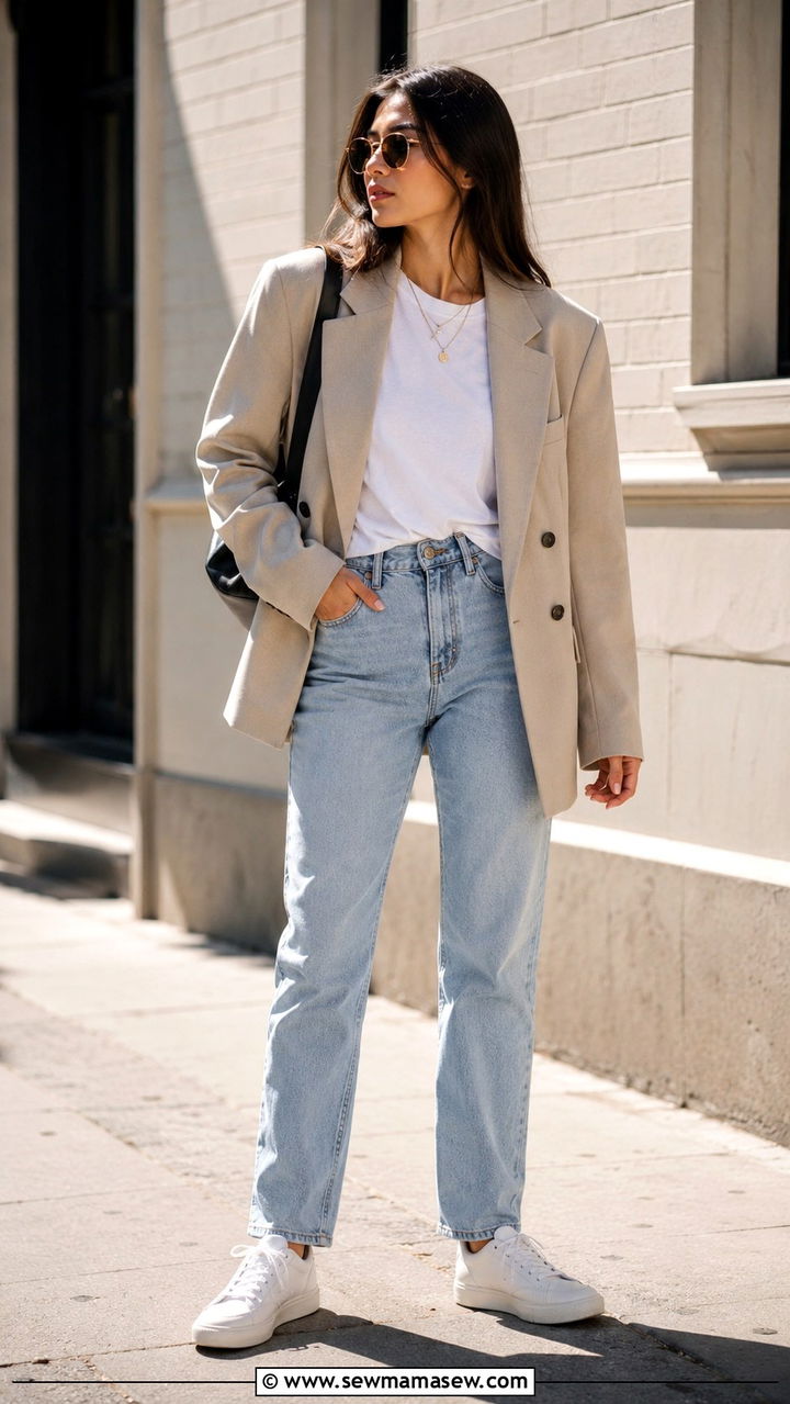 Oversized blazer with straight leg jeans and white sneakers - 30 Spring outfits with blazers
