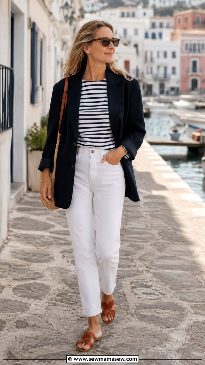 Oversized blazer with striped Breton top and white jeans outfit - 30 oversized blazer outfits for women over 40