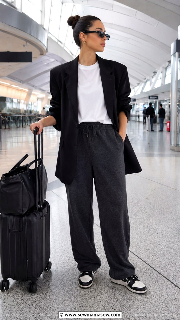 Oversized blazer with sweatpants airport look - 25 Airport outfit ideas with sweatpants