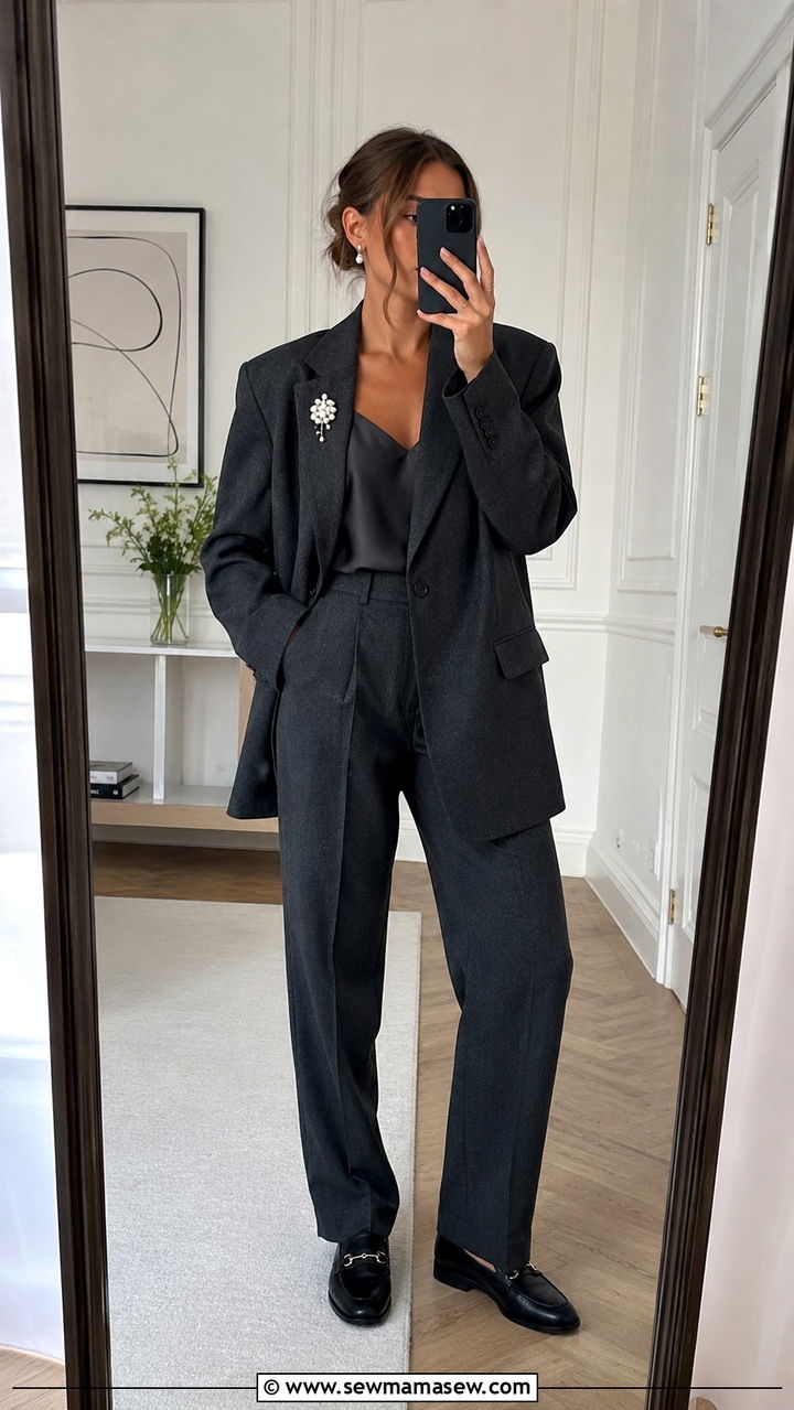 Oversized blazer with tailored trousers and a brooch - 30 Grandma chic outfit ideas