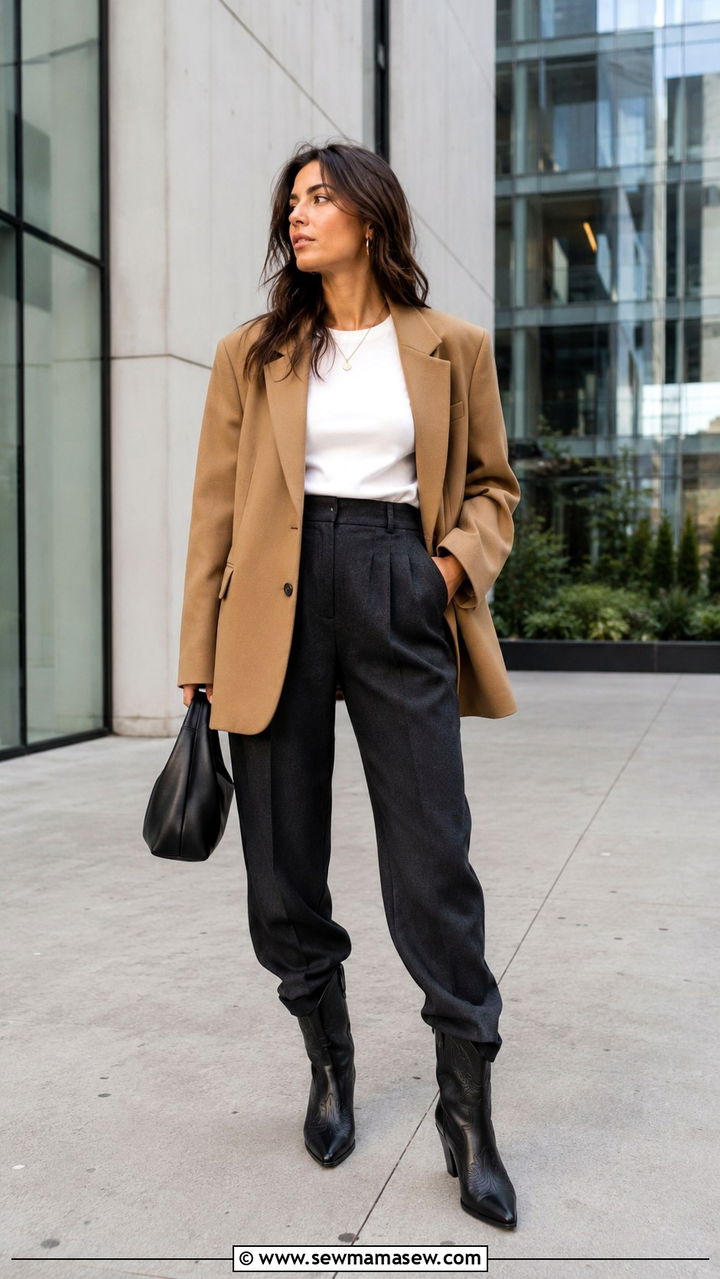 Oversized blazer with tailored trousers and cowboy boots - 25 Western outfit ideas with cowboy boots
