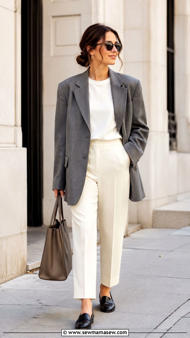 Oversized blazer with tailored trousers and loafers - 30 Oversized blazer outfit ideas for a wedding