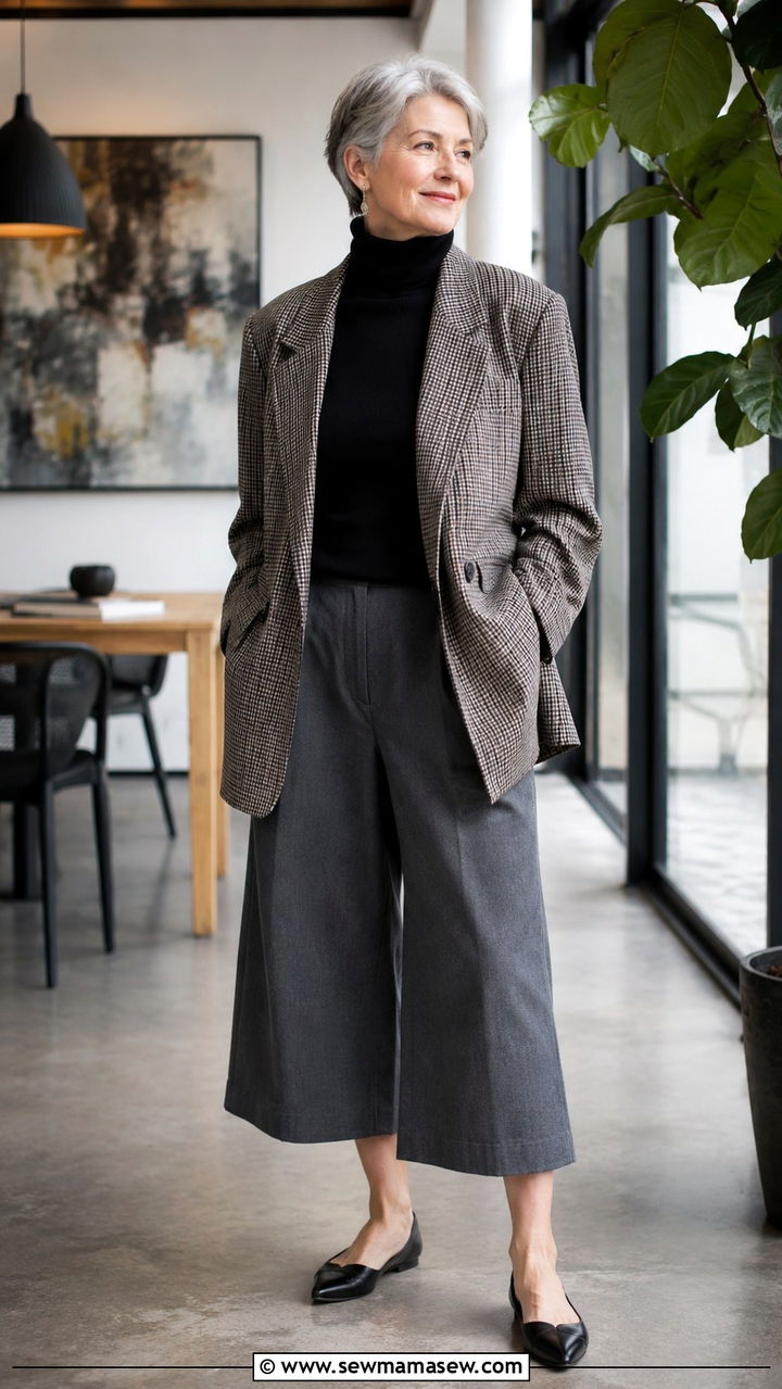 Oversized blazer with turtleneck and culottes outfit - 30 oversized blazer outfits for women over 40