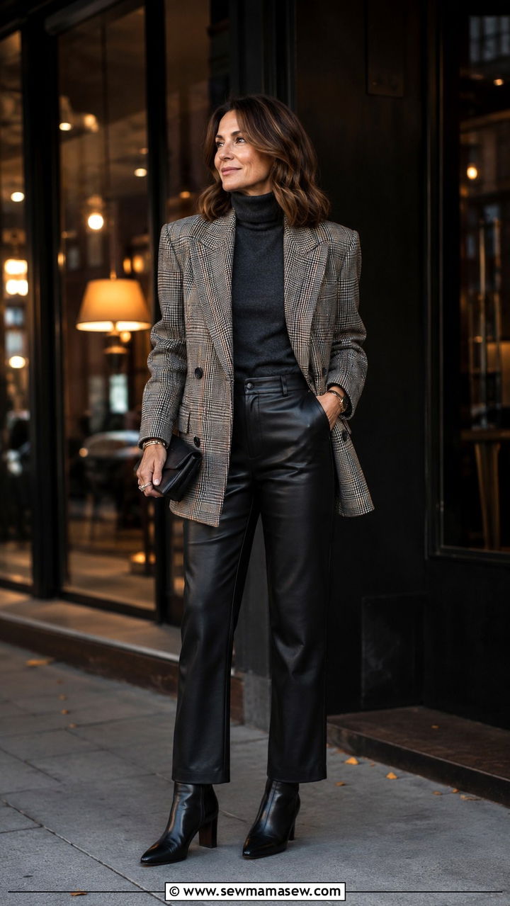 Oversized blazer with turtleneck and leather pants outfit - 30 oversized blazer outfits for women over 40