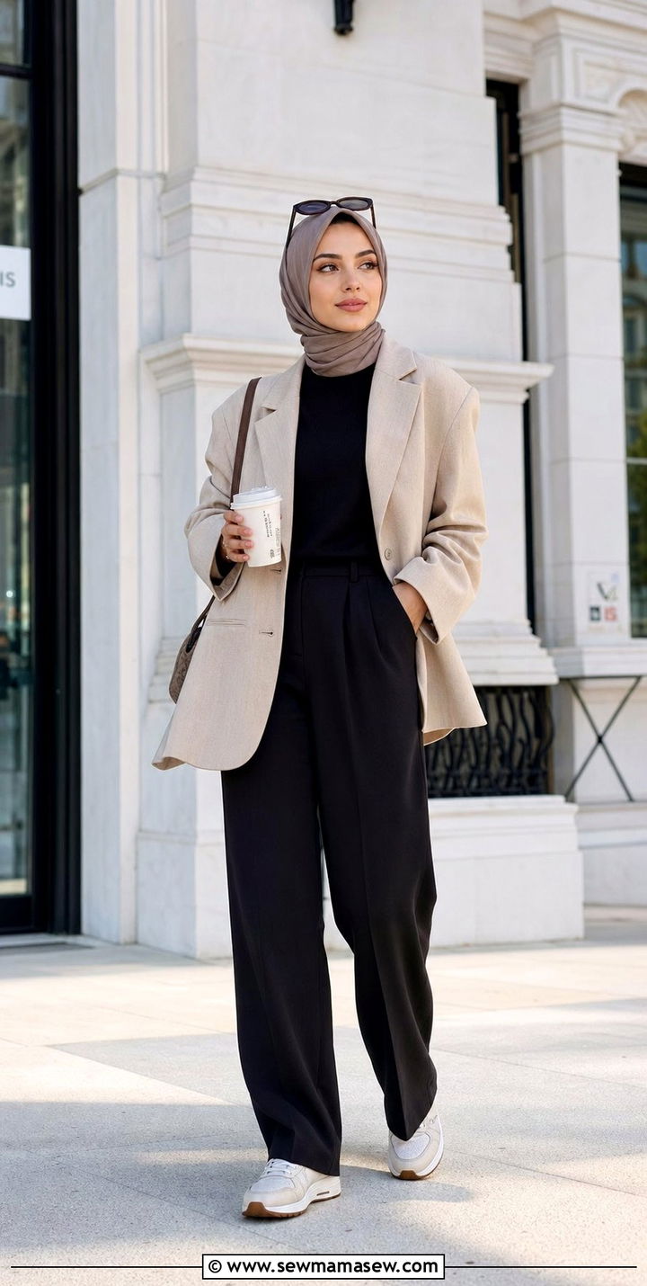 Oversized blazer with turtleneck and tailored pants - 25 classy outfits for hijab women