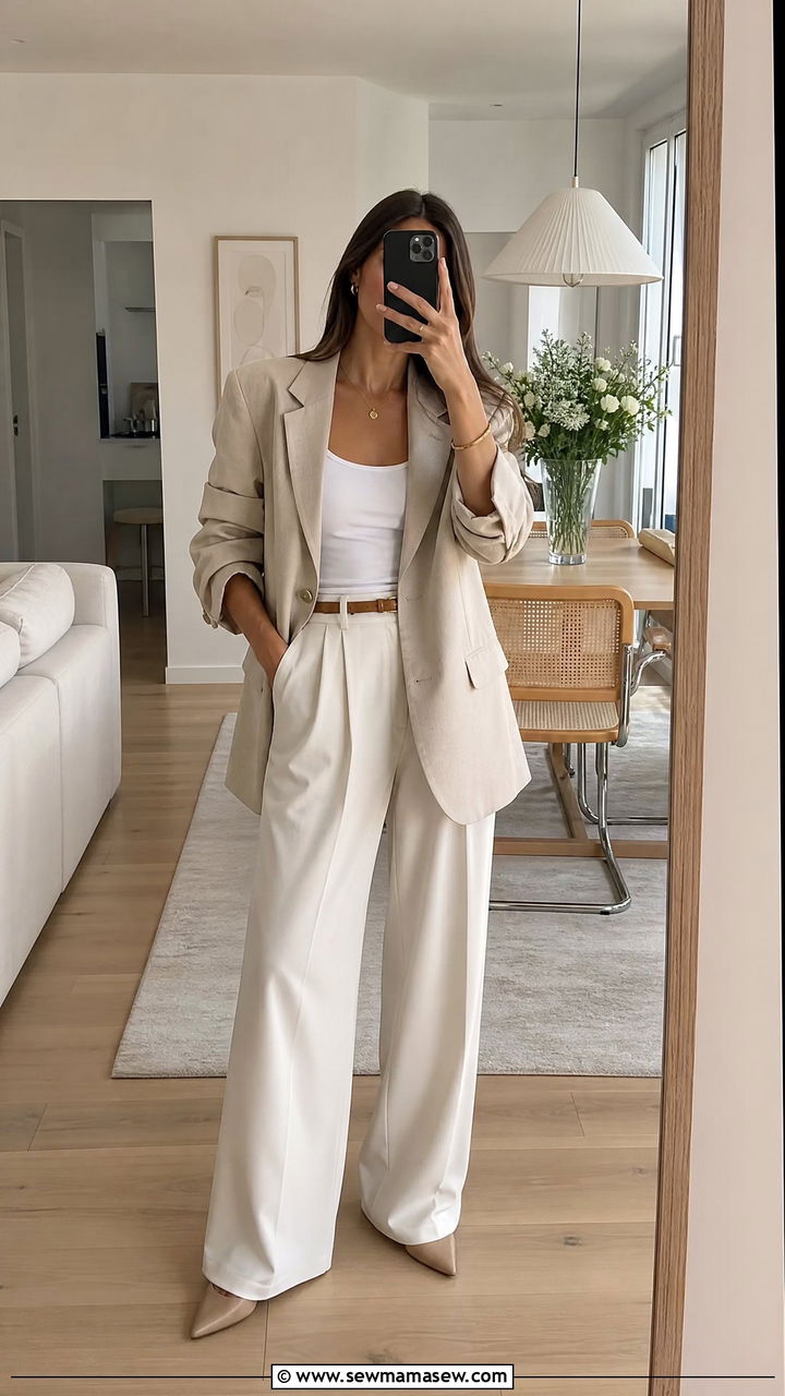 Oversized blazer with white tank and tailored trousers - 20 Spring outfits for 60-70 degree weather