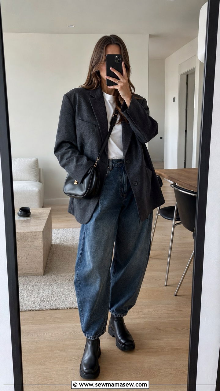 Oversized blazer with white tee and barrel jeans - 25 Scandinavian cozy outfit ideas