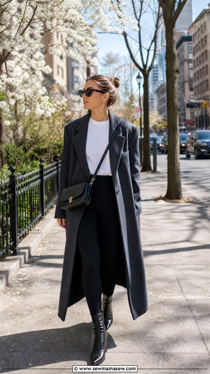Oversized blazer with white tee and black leggings - 35 Kendall Jenner spring outfit ideas