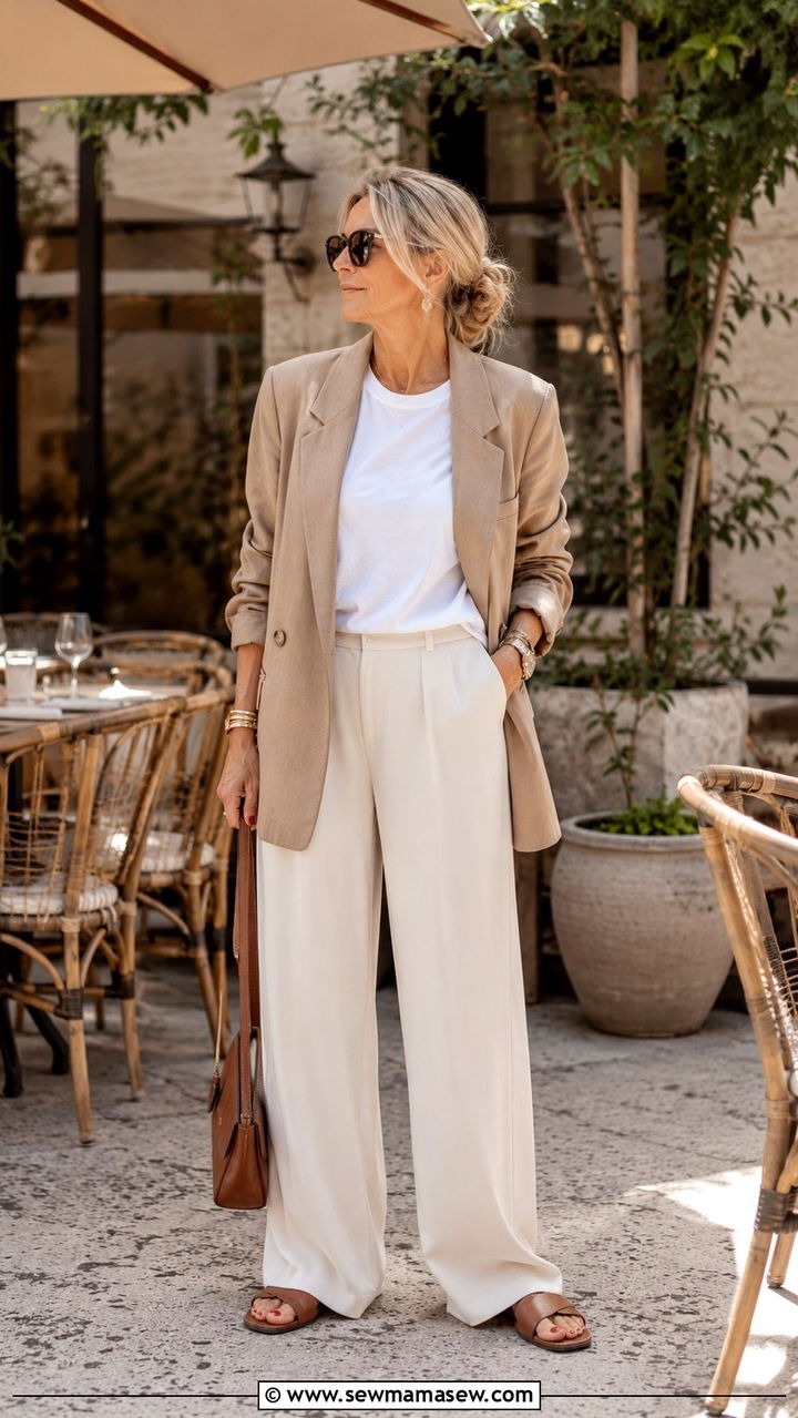 Oversized blazer with white tee and wide leg pants outfit - 30 oversized blazer outfits for women over 40