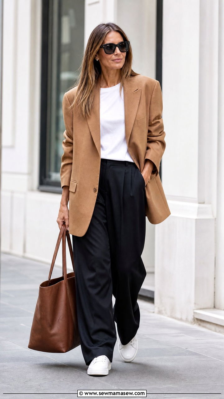 Oversized blazer with white tee and wide leg trousers - 25 model off duty outfit ideas for women over 40