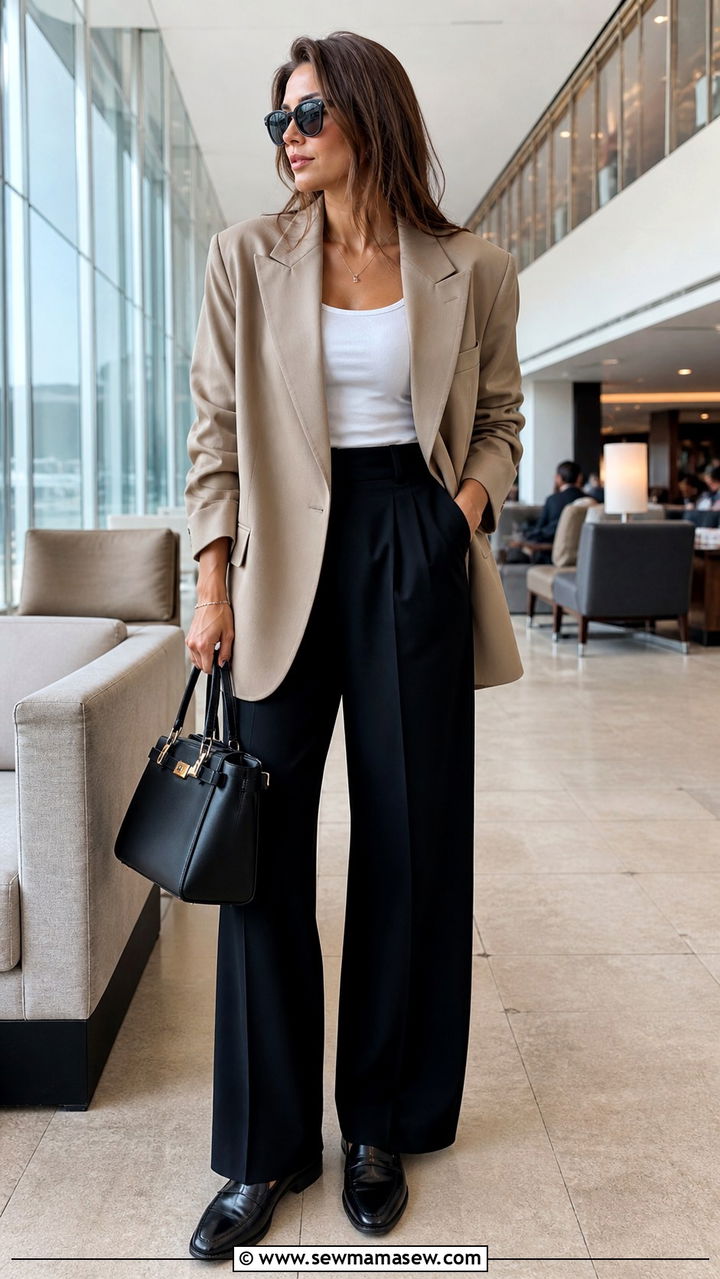 Oversized blazer with wide leg trousers and a tank top - 40 travel outfits