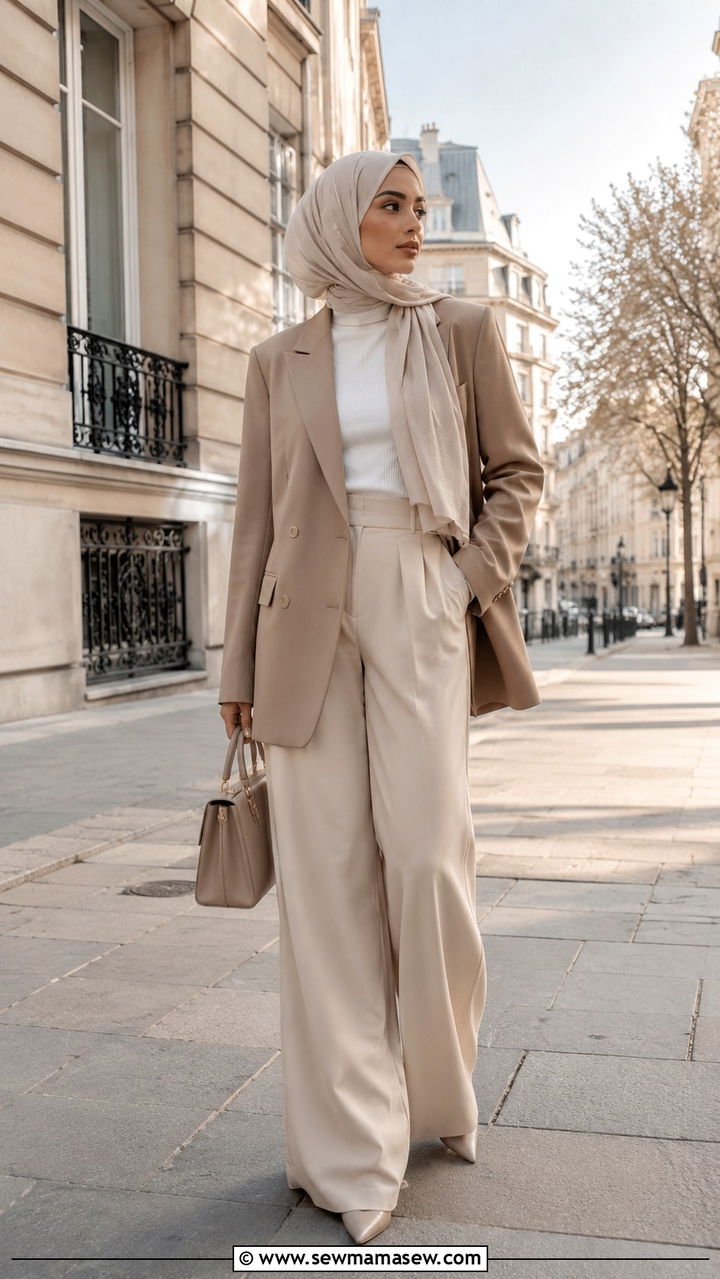 Oversized blazer with wide leg trousers and hijab - 25 outfit ideas for hijab women