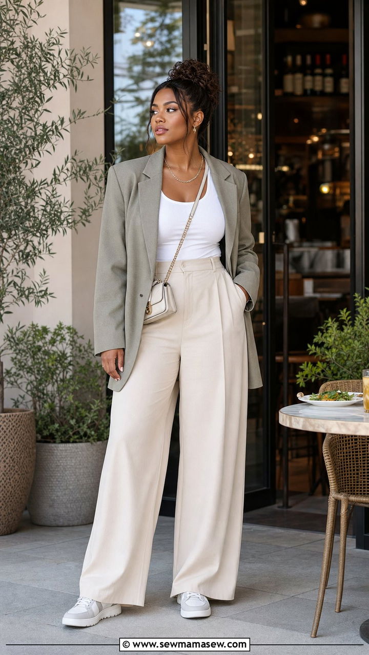Oversized blazer with wide leg trousers brunch outfit - 35 Brunch outfits for pear shape