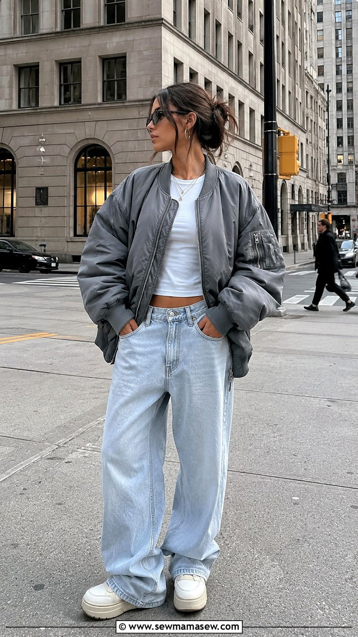 Oversized bomber jacket with baggy jeans - 30 Bomber jacket outfit ideas with jeans