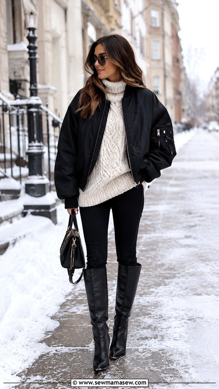 Oversized bomber jacket with chunky knit and skinny jeans - 30 Bomber jacket outfit ideas with jeans
