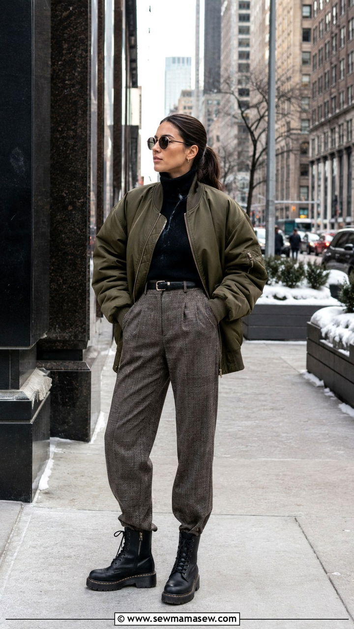 Oversized bomber jacket with turtleneck and plaid trousers - 20 Eclectic grandpa outfit ideas 2026