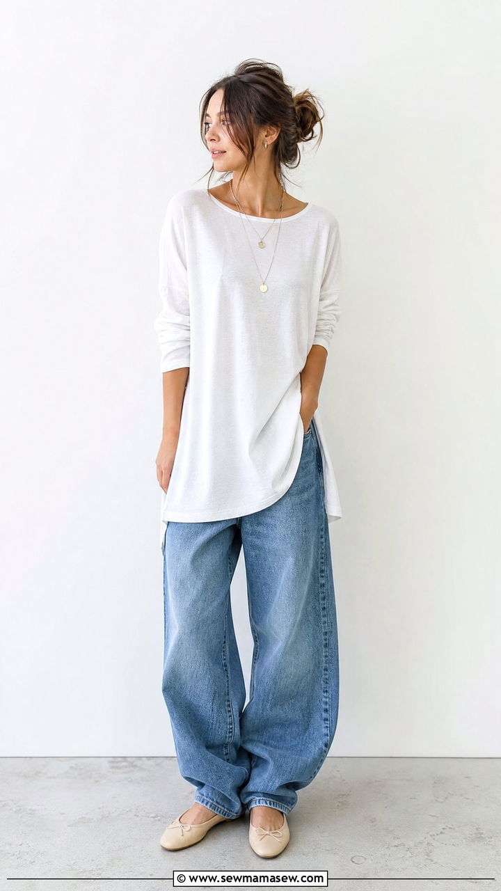 Oversized boyfriend jeans with a long tunic top and ballet flats - 25 Petite outfit ideas to avoid