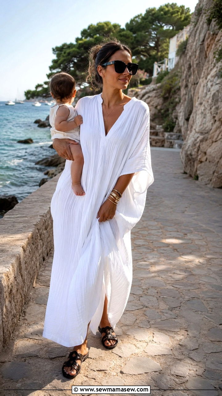 Oversized breezy caftan dress with flat sandals and sunglasses - 30 Postpartum outfit ideas summer