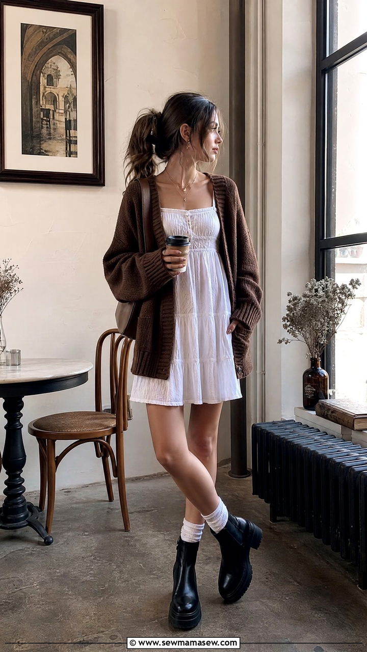 Oversized brown cardigan over white tiered mini dress outfit - 25 classy dark academia outfit ideas