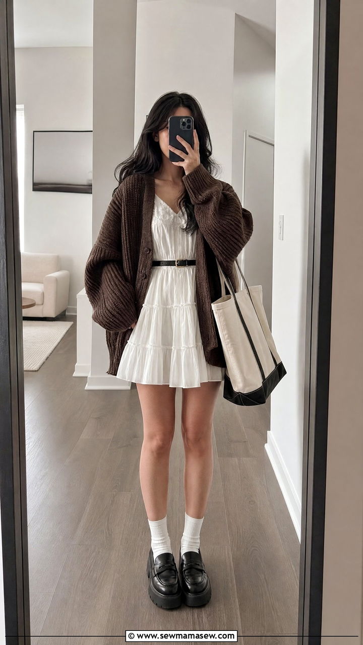 Oversized brown cardigan with white dress outfit - 30 dark academia outfits ideas