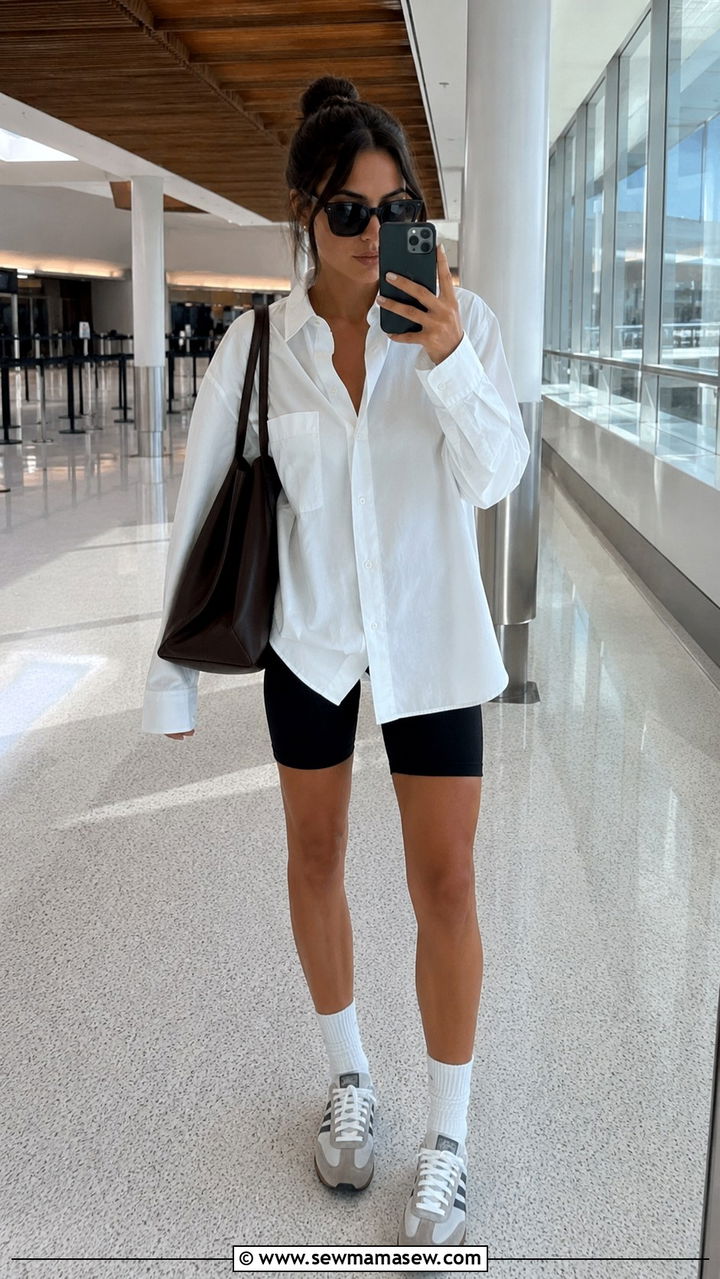 Oversized button down and bike shorts - 25 Airport outfit ideas for tropical destination