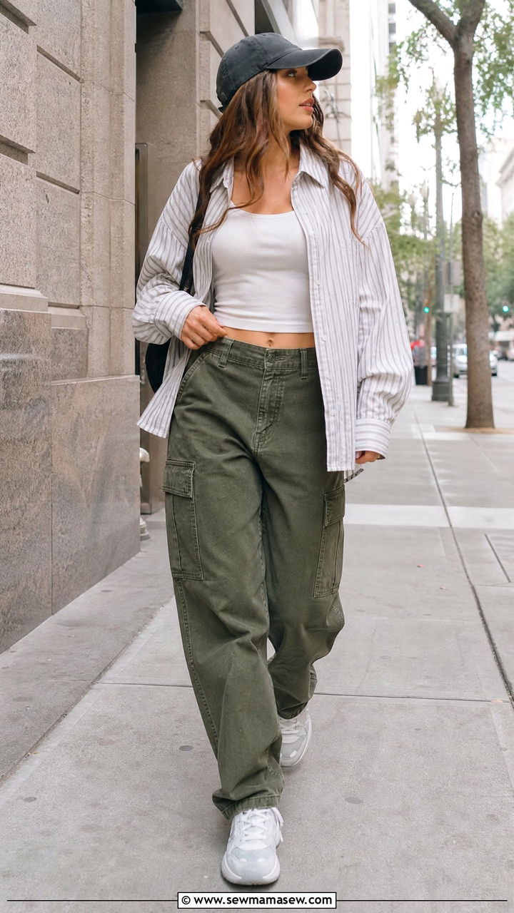 Oversized button down open over a white tank and high waisted cargo pants - 40 Oversized button down outfit ideas